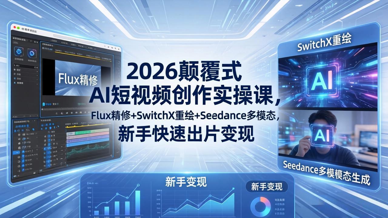 2026颠覆式 AI短视频创作课-5月更新,Flux精修+SwitchX重绘+Seedance多模态,新手快速出片变现-优优云网创