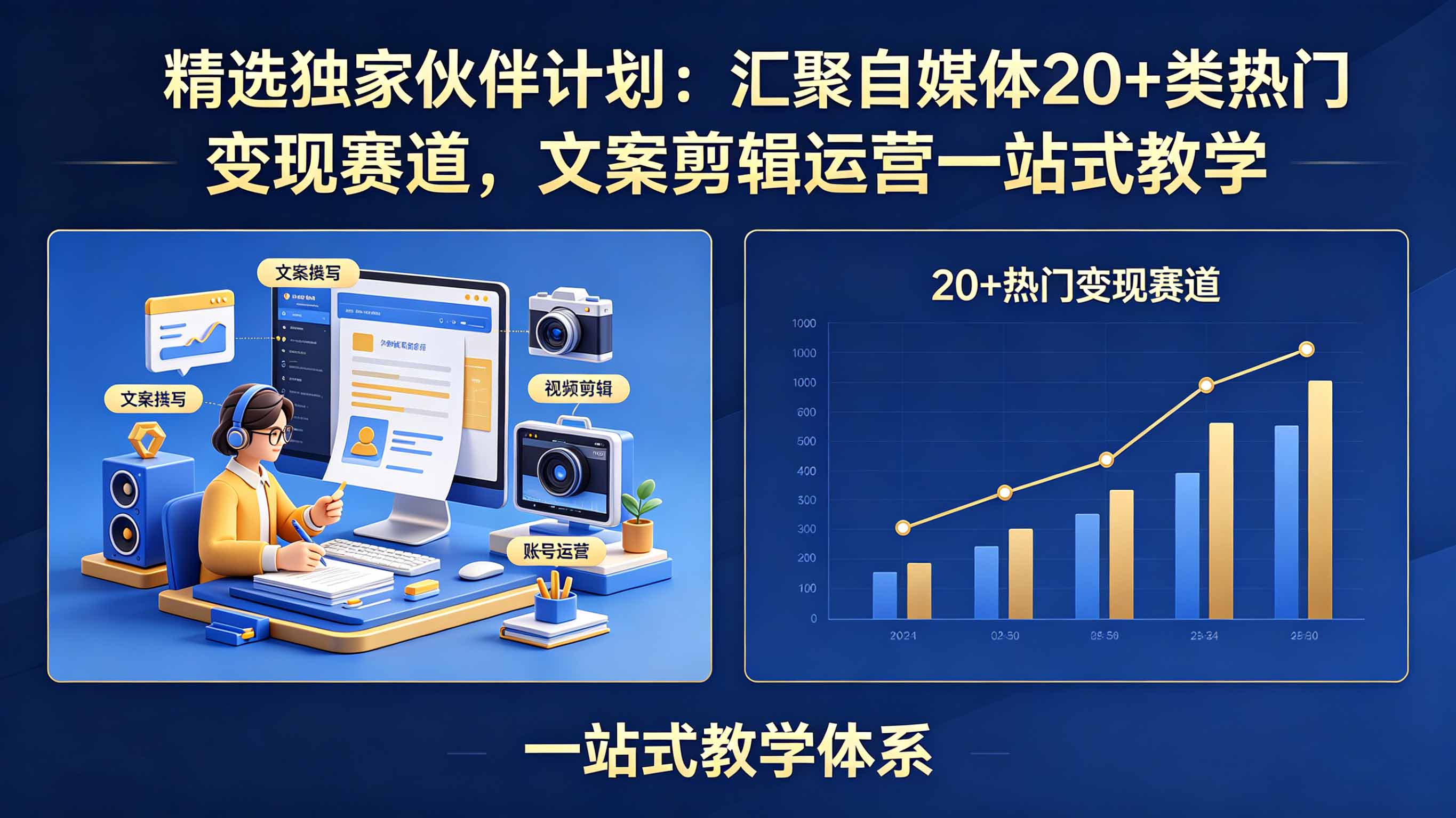 精选独家伙伴计划:汇聚自媒体20+类热门变现赛道,文案剪辑运营一站式教学-优优云网创