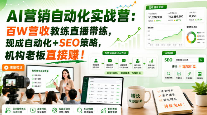 AI营销自动化实战营:百W营收教练直播带练,现成自动化+SEO策略,机构老板直接賺!【原创双语字幕】-思丰网赚