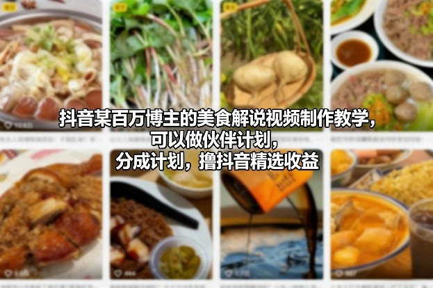 抖音某百万博主的美食解说视频制作教学，可以做伙伴计划，分成计划，撸抖音精选收益-优优云网创