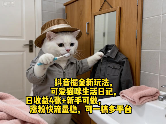 抖音掘金新玩法,可爱猫咪生活日记,日收益4张+新手可做,涨粉快流量稳,可一稿多平台-优优云网创