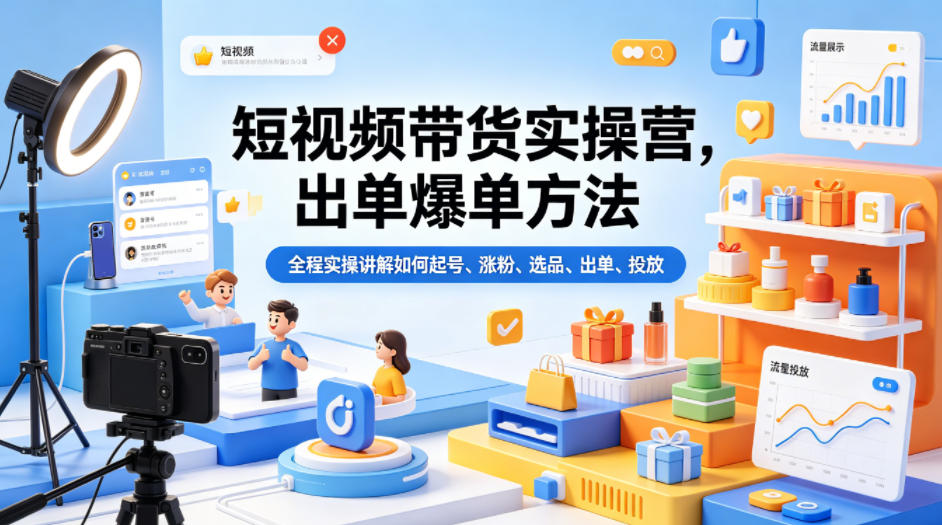 短视频带货实操营，出单爆单方法，全程实操讲解如何起号、涨粉、选品、出单、投放