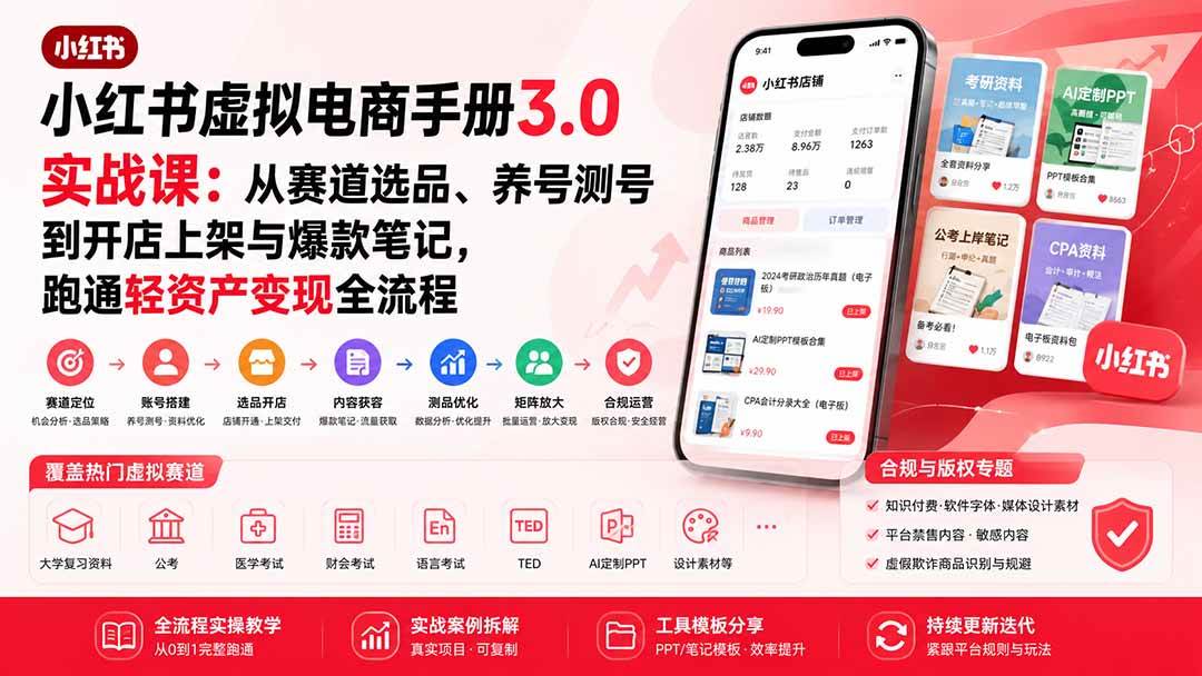 (20054期)小红书虚拟电商手册3.0实战课:从赛道选品、养号测号到开店上架与爆款笔记,跑通轻资产变现全流程-思丰网赚
