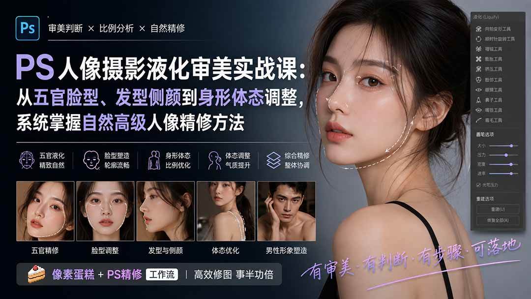 (20062期)PS人像摄影液化审美实战课:从五官脸型、发型侧颜到身形体态调整,系统掌握自然高级人像精修方法-思丰网赚