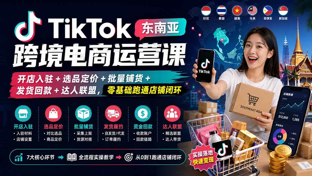 (20059期)TikTok东南亚跨境电商运营课:开店入驻+选品定价+批量铺货+发货回款+达人联盟,零基础跑通店铺闭环-思丰网赚
