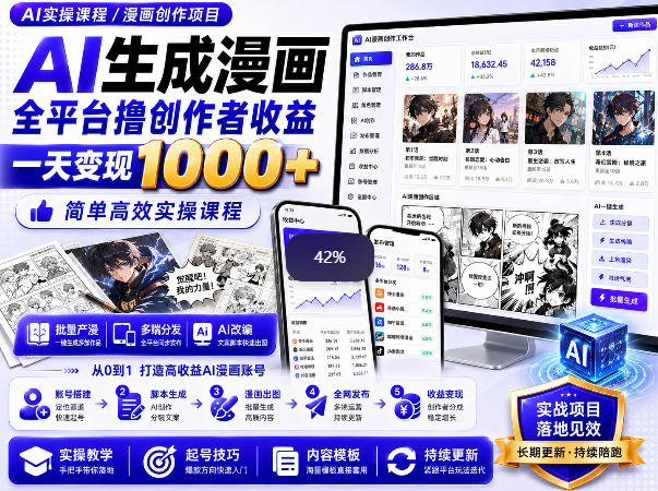 AI生成漫画全平台撸创作者收益内部课程，实操最高单日变现1k+-思丰网赚
