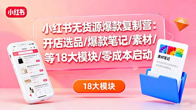 小红书无货源爆款复制营:开店选品/爆款笔记/素材/等18大模块/零成本启动-优优云网创