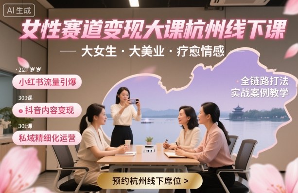 女性赛道变现大课杭州线下,大女生,大美业,疗愈情感,一套小红书、抖音、私域全链路打法-优优云网创