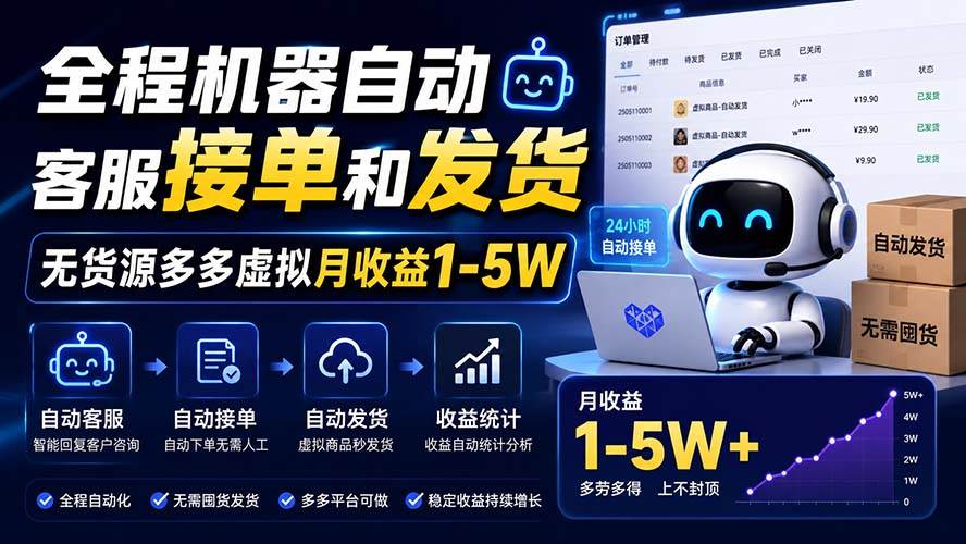 （20119期）全程机器自动客服接单和发货，无货源多多虚拟月收益1-5W-思丰网赚