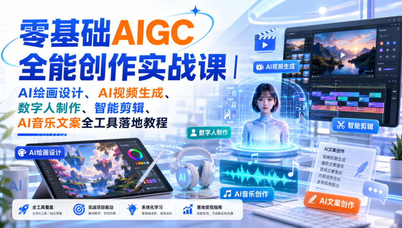 零基础AIGC全能创作实战课|AI绘画设计、AI视频生成、数字人制作、智能剪辑、AI音乐文案全工具落地教程-思丰网赚