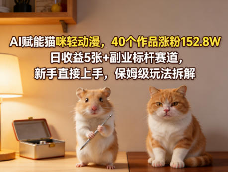 AI赋能猫咪轻动漫,40个作品涨粉152.8W,日收益5张+副业标杆赛道,新手直接上手,保姆级玩法拆解-优优云网创