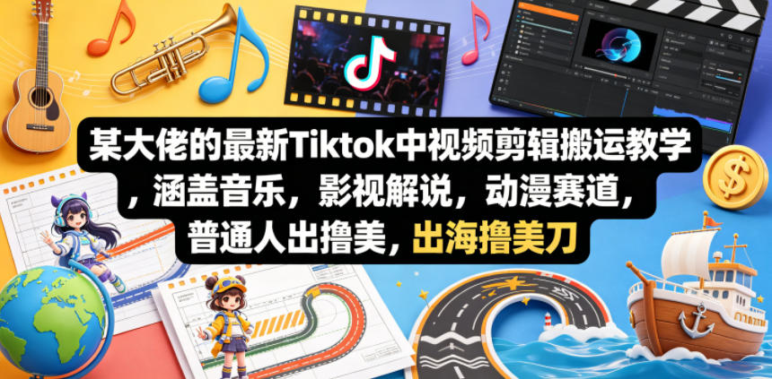 某大佬的最新Tiktok中视频剪辑搬运教学，涵盖音乐，影视解说，动漫赛道，普通人出海撸美刀