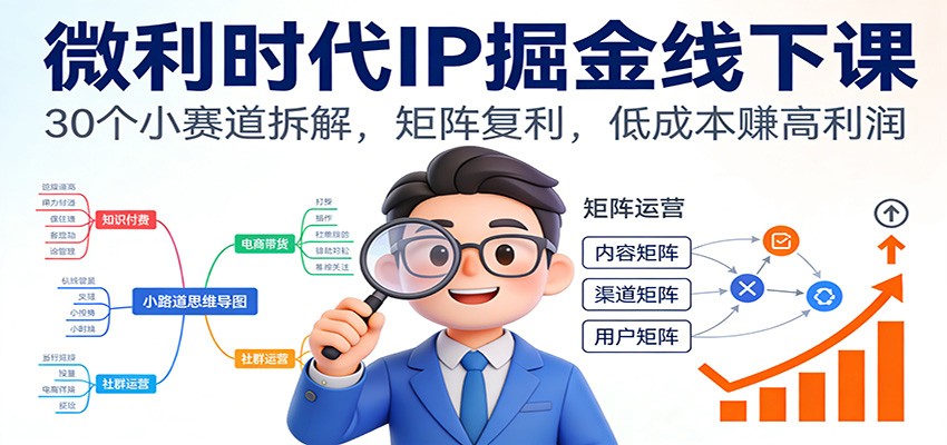 微利时代IP掘金线下课：30个小赛道拆解，矩阵复利，低成本赚高利润-优优云网创