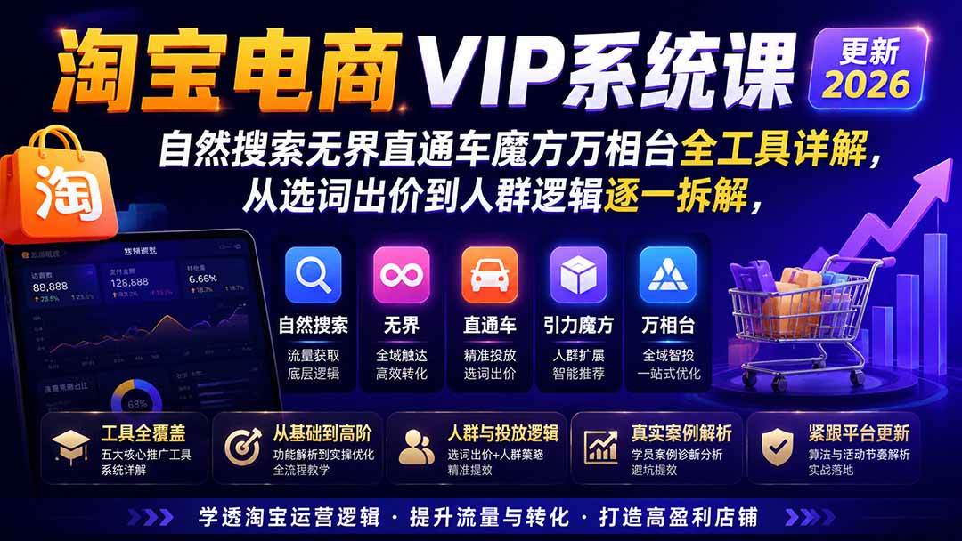 (20035期)淘宝电商VIP系统课-更新8月;自然搜索无界直通车魔方万相台全工具详解,从选词出价到人群逻辑逐一拆解-思丰网赚