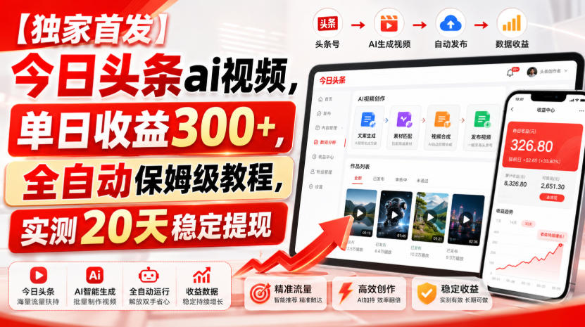 【独家首发】今日头条ai视频,单日收益300+,全自动保姆级教程,实测20天稳定提现【揭秘】-思丰网赚