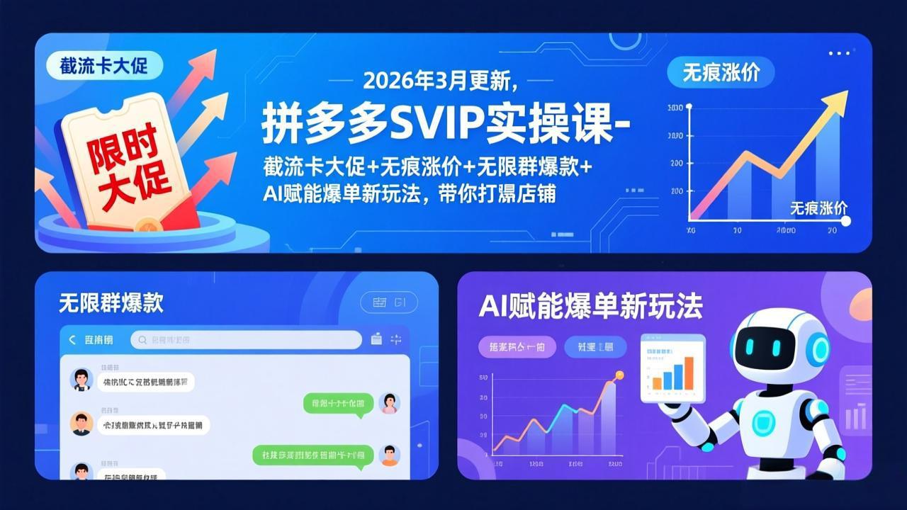 拼多多SVIP实操课-26年3月,截流卡大促+无痕涨价+无限群爆款+AI赋能爆单新玩法,带你打爆店铺-优优云网创