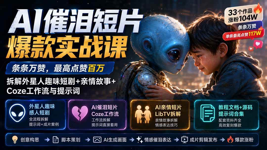 (20038期)AI催泪短片爆款实战课:条条万赞,最高点赞百万,拆解外星人趣味短剧+亲情故事+Coze工作流与提示词-思丰网赚