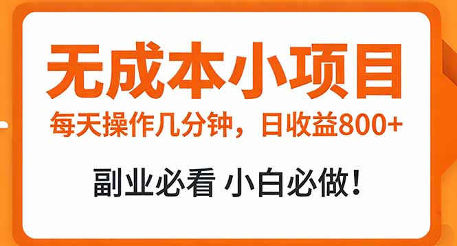 无成本小项目 每天操作几分钟，真实日收益800+ 副业必看 小白必做！-优优云网创