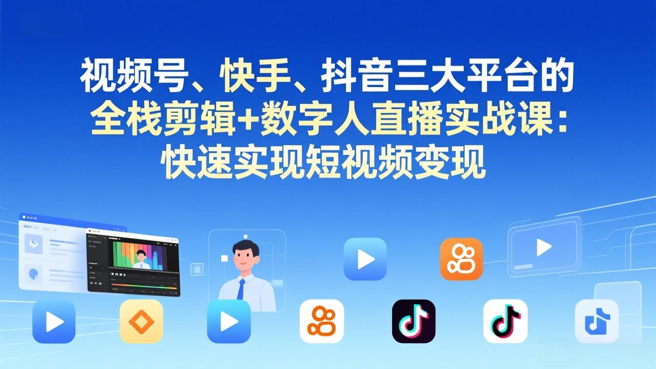 视频号+快手+抖音三大平台的全栈剪辑+数字人直播实战课-3月更新:快速实现短视频变现-优优云网创