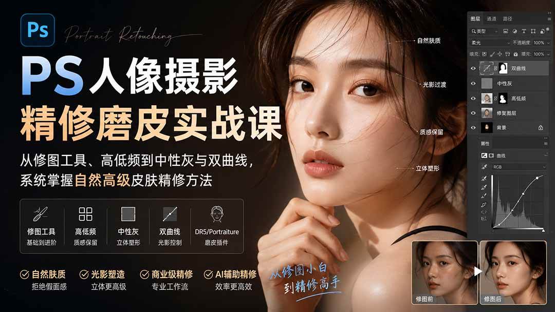 (20061期)PS人像摄影精修磨皮实战课:从修图工具、高低频到中性灰与双曲线,系统掌握自然高级皮肤精修方法-思丰网赚