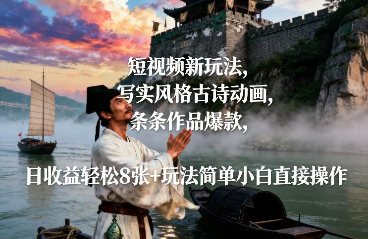 短视频新玩法,写实风格古诗动画,条条作品爆款,日收益轻松8张+玩法简单小白直接操作-优优云网创