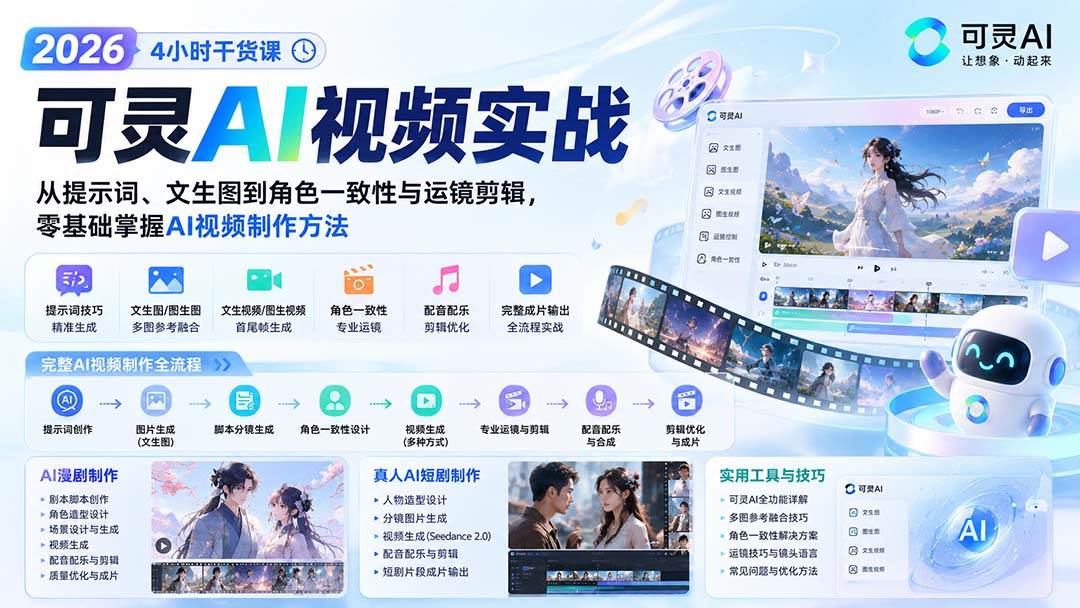 (20136期)2026可灵AI视频实战-4小时干货课:从提示词、文生图到角色一致性与运镜剪辑,零基础掌握AI视频制作方法-思丰网赚