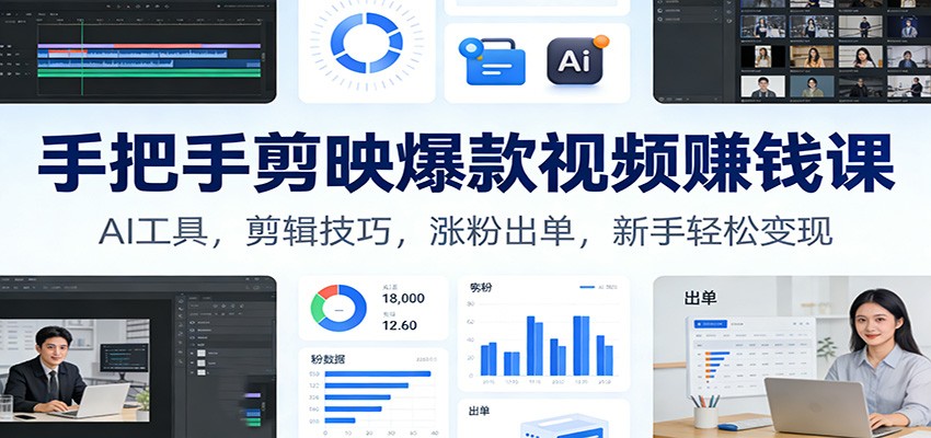 手把手剪映爆款视频赚钱课:AI工具,剪辑技巧,涨粉出单,新手轻松变现-优优云网创