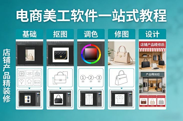 电商美工软件一站式教程，基础/抠图/调色/修图/设计，店铺产品精装修-优优云网创