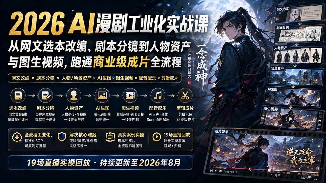 (20068期)2026 AI漫剧工业化实战课-更新:从网文选本改编、剧本分镜到人物资产与图生视频,跑通商业级成片全流程-思丰网赚