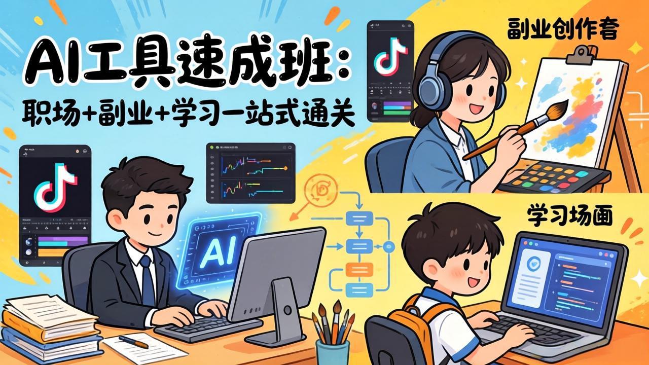 AI工具速成班:职场+副业+学习一站式通关,20+爆款类型+剪映技巧+抖音算法,0基础快速上手-优优云网创