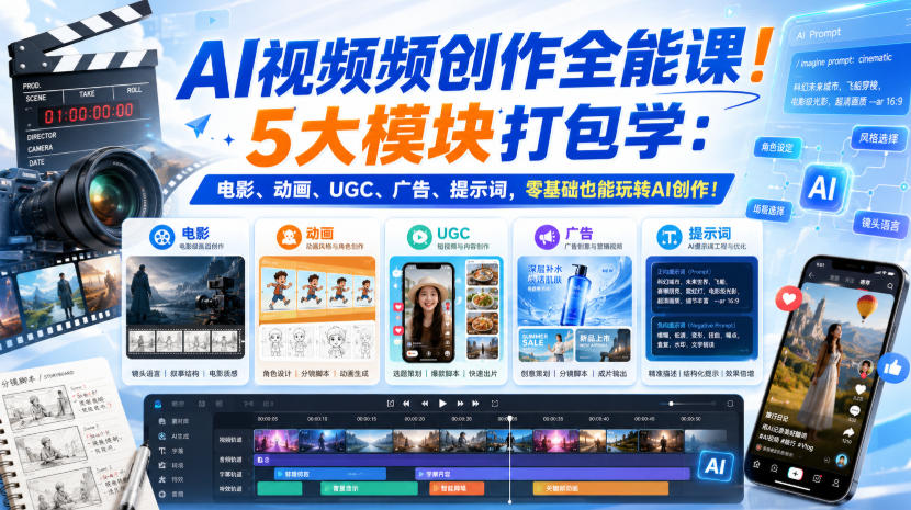 AI视频频创作全能课!5大模块打包学:电影、动画、UGC、广告、提示词,零基础也能玩转AI创作!【原创双语字幕】-思丰网赚
