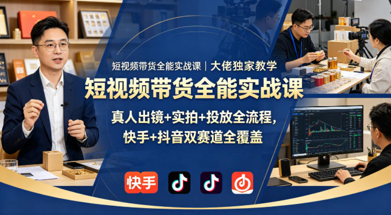 短视频带货全能实战课|大佬独家教学,真人出镜+实拍+投放全流程,快手+抖音双赛道全覆盖