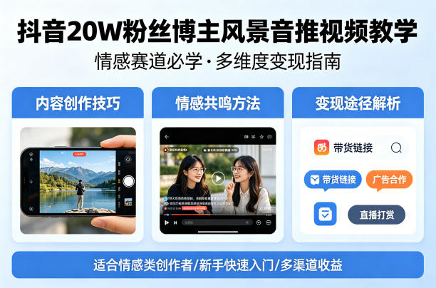 抖音20W粉丝博主风景音推视频教学,情感赛道必学,各种变现途径-优优云网创