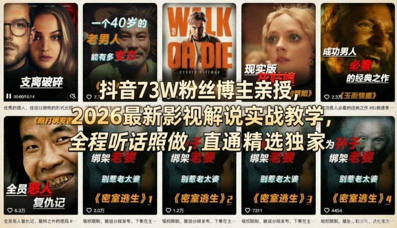 抖音73W粉丝博主亲授,2026最新影视解说实战教学,全程听话照做,直通精选独家-优优云网创