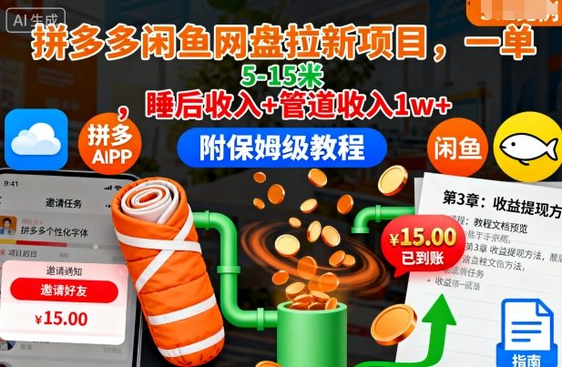 拼多多闲鱼网盘拉新项目,一单5-15米,睡后收入+管道收入1w+(附保姆级教程)-优优云网创