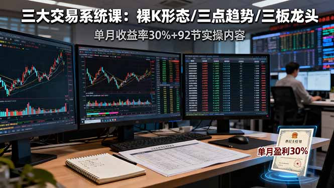 三大交易系统课:裸K形态/三点趋势/三板体系,单月收益率30%+92节实操内容-优优云网创