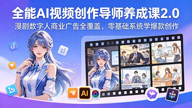 全能AI视频创作导师养成课2.0,漫剧数字人商业广告全覆盖,零基础系统学爆款创作-优优云网创