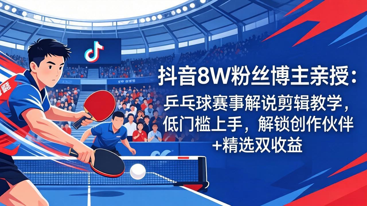 抖音8W粉丝博主亲授：乒乓球赛事解说剪辑教学，低门槛上手，解锁创作伙伴+精选双收益-优优云网创