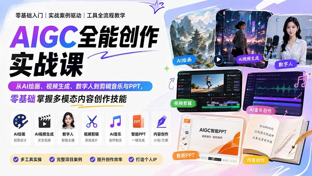 (20065期)AIGC全能创作实战课:从AI绘画、视频生成、数字人到剪辑音乐与PPT,零基础掌握多模态内容创作技能-思丰网赚