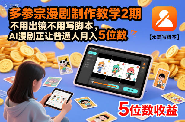 多参宗漫剧制作教学2期，不用出镜不用写脚本，AI漫剧正让普通人月入5位数