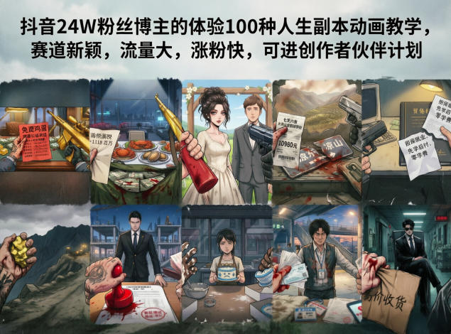 抖音24W粉丝博主的体验100种人生副本动画教学,赛道新颖,流量大,涨粉快,可进创作者伙伴计划-优优云网创
