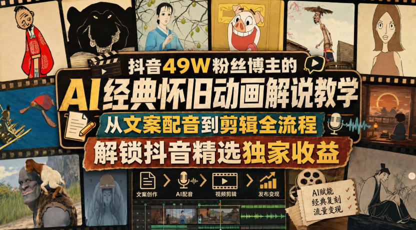 抖音49W粉丝博主的AI经典怀旧动画解说教学，从文案配音到剪辑全流程，解锁抖音精选独家收益-思丰网赚