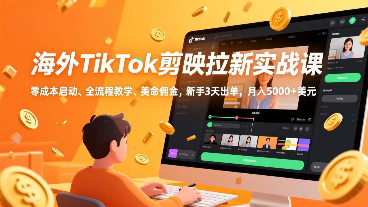 海外TikTok剪映拉新实战课,零成本启动、全流程教学、美金佣金,新手3天出单,月入5000+美元-优优云网创