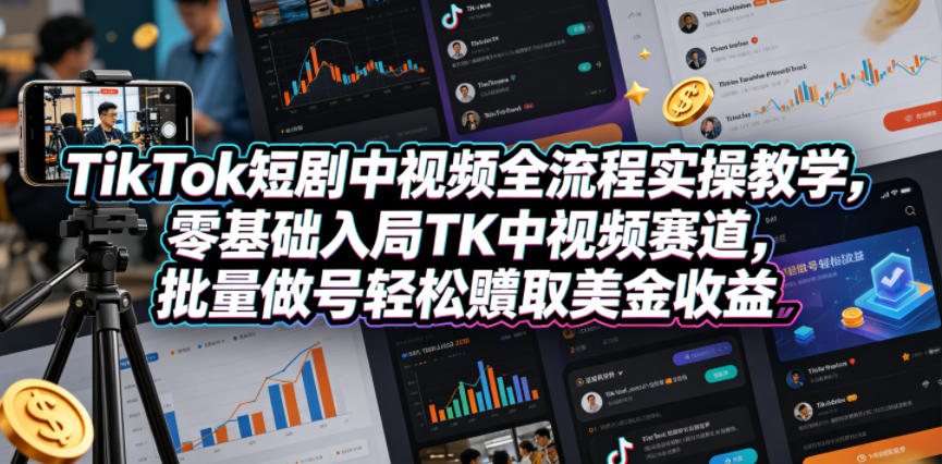 TikTok短剧中视频全流程实操教学，零基础入局TK中视频赛道，批量做号轻松賺取美金收益