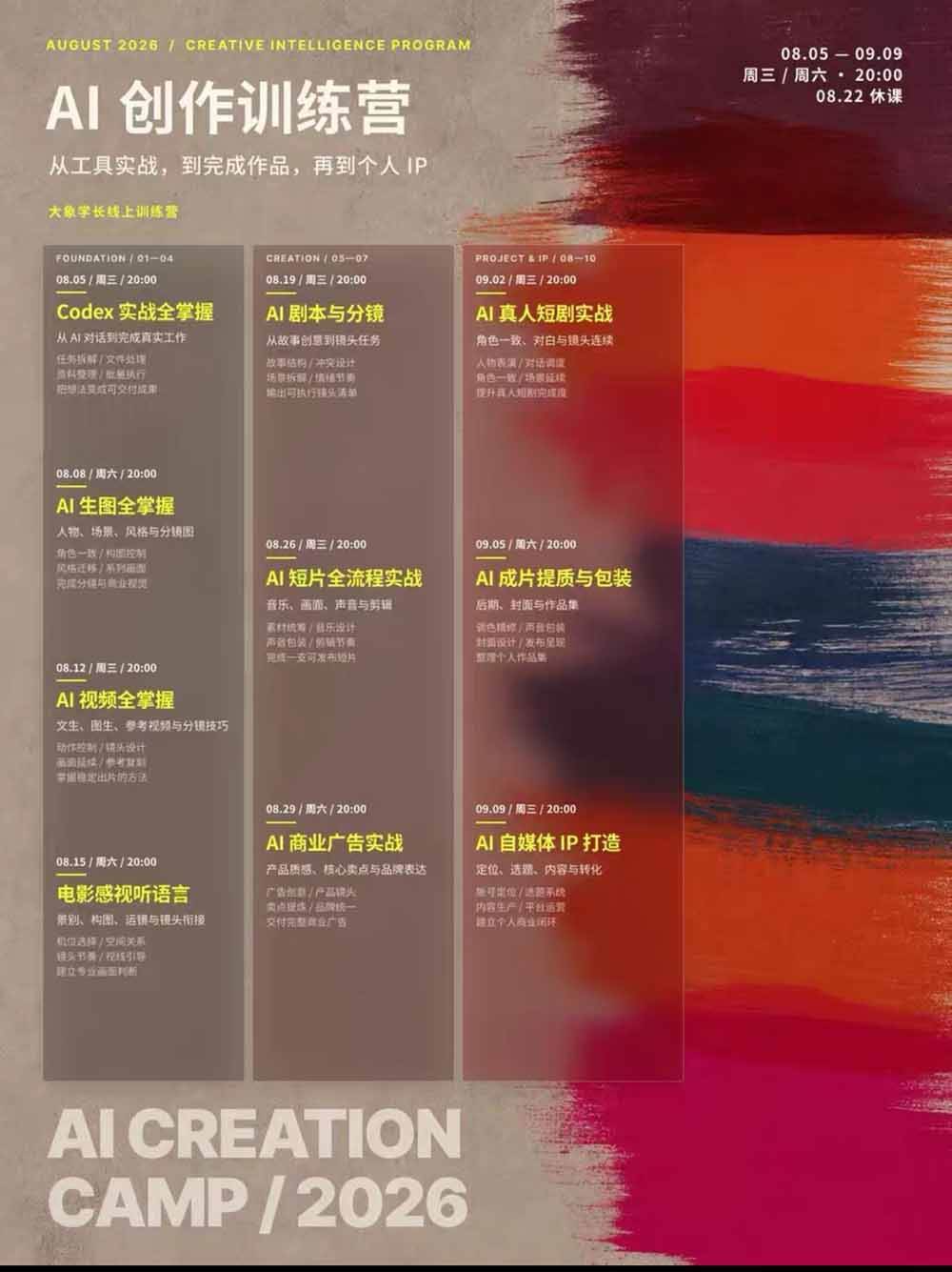 (20145期)AI+创作训练营26年8月第5期:从Codex、AI生图视频到剧本分镜与电影感短片,跑通个人IP商业闭环 (20145期)AI+创作训练营26年8月第5期:从Codex、AI生图视频到剧本分镜与电影感短片,跑通个人IP商业闭环