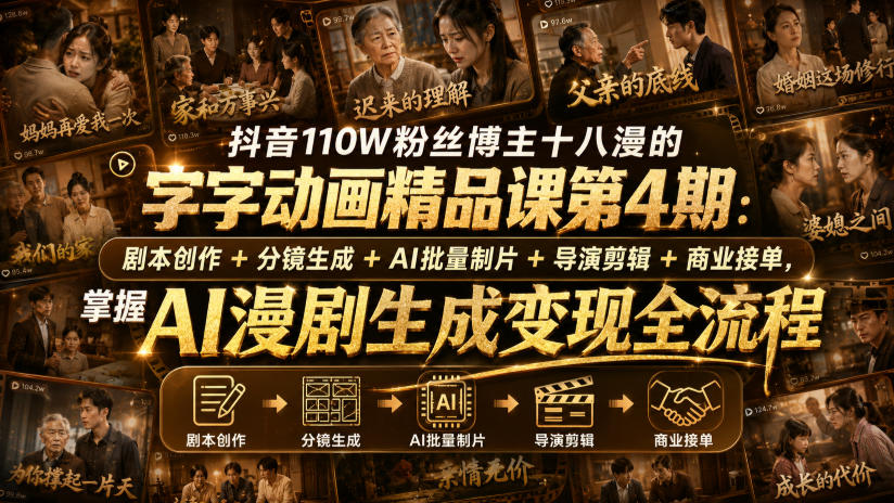 抖音110W粉丝博主十八漫的字字动画精品课第4期:剧本创作+分镜生成+剪辑+商业接单,掌握AI漫剧生成变现全流程-思丰网赚