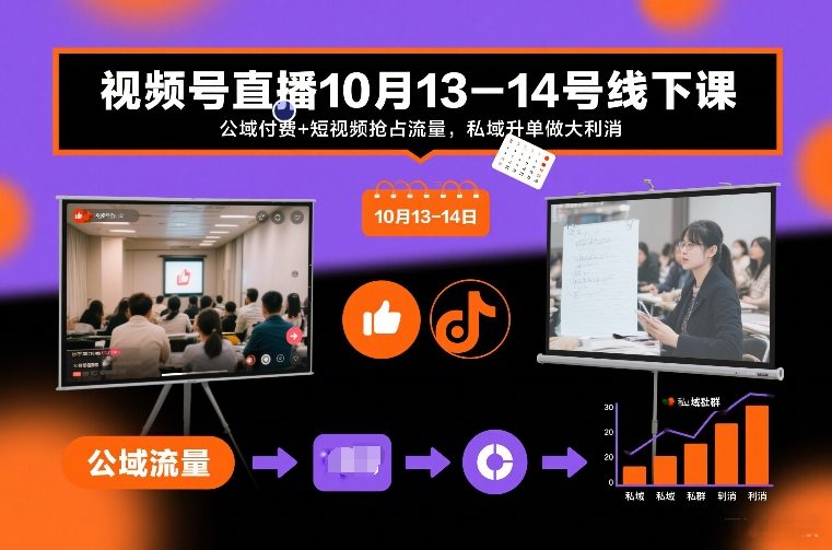 视频号直播10月13-14号线下课,公域付费+短视频抢占流量,私域升单做大利消-优优云网创
