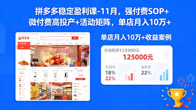 拼多多稳定盈利课-11月,强付费SOP+微付费高投产+活动矩阵,单店月入10万+-优优云网创
