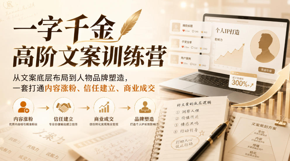 一字千金高阶文案训练营,从文案底层布局到人物品牌塑造,一套打通内容涨粉、信任建立、商业成交-思丰网赚