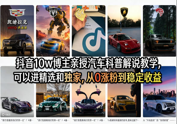 抖音10w博主亲授汽车科普解说教学,可以进精选和独家,从0涨粉到稳定收益(详细视频课程+1T素材)-优优云网创